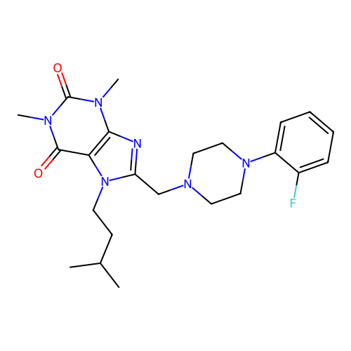 8-[[4-(2-fluorophenyl)piperazin-1-yl]methyl]-1,3-dimethyl-7-(3-methylbutyl)purine-2,6-dione structure