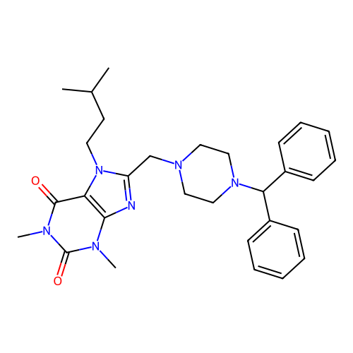 8-[(4-benzhydrylpiperazin-1-yl)methyl]-1,3-dimethyl-7-(3-methylbutyl)purine-2,6-dione structure