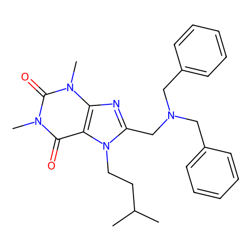 8-[(Dibenzylamino)methyl]-1,3-dimethyl-7-(3-methylbutyl)purine-2,6-dione structure