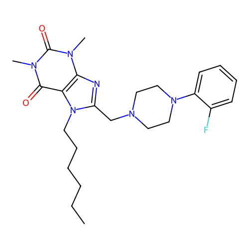 8-{[4-(2-fluorophenyl)piperazin-1-yl]methyl}-7-hexyl-1,3-dimethyl-2,3,6,7-tetrahydro-1H-purine-2,6-dione structure