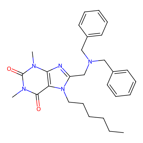 8-[(Dibenzylamino)methyl]-7-hexyl-1,3-dimethylpurine-2,6-dione structure