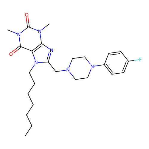 8-((4-(4-fluorophenyl)piperazin-1-yl)methyl)-7-heptyl-1,3-dimethyl-1H-purine-2,6(3H,7H)-dione structure