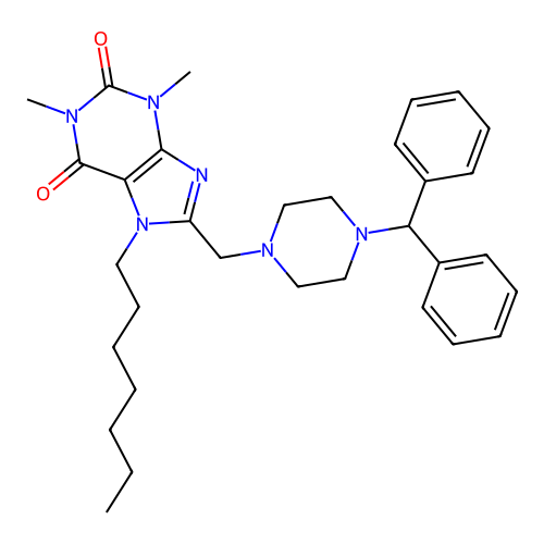 8-((4-benzhydrylpiperazin-1-yl)methyl)-7-heptyl-1,3-dimethyl-1H-purine-2,6(3H,7H)-dione structure