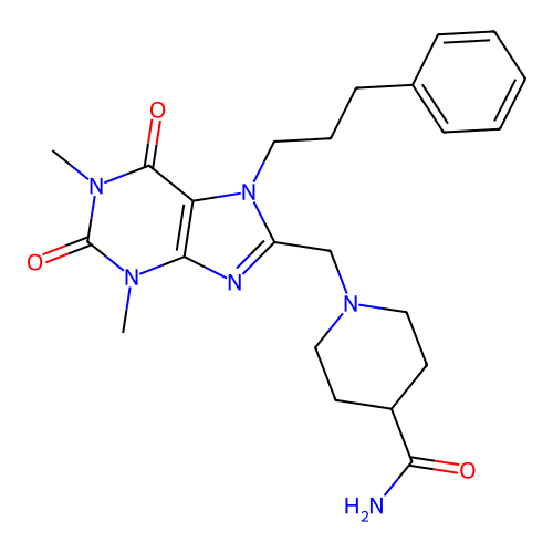 1-{[1,3-dimethyl-2,6-dioxo-7-(3-phenylpropyl)-2,3,6,7-tetrahydro-1H-purin-8-yl]methyl}piperidine-4-carboxamide structure
