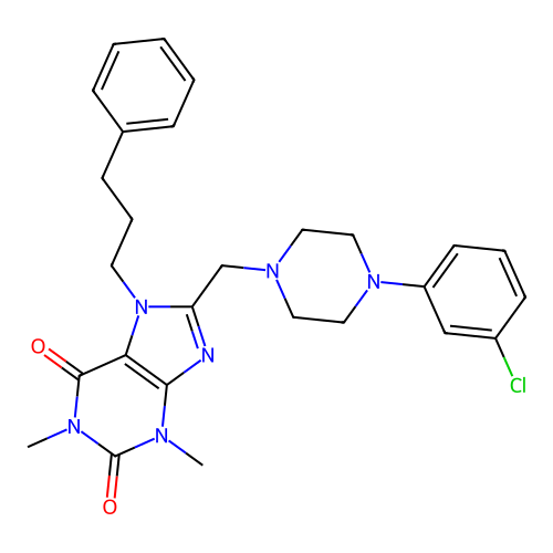 8-[[4-(3-chlorophenyl)piperazin-1-yl]methyl]-1,3-dimethyl-7-(3-phenylpropyl)purine-2,6-dione structure