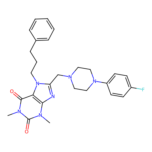8-{[4-(4-fluorophenyl)piperazin-1-yl]methyl}-1,3-dimethyl-7-(3-phenylpropyl)-2,3,6,7-tetrahydro-1H-purine-2,6-dione structure