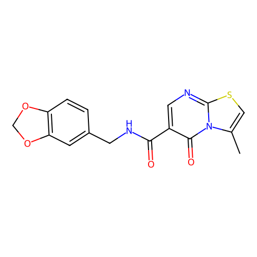 N-(1,3-benzodioxol-5-ylmethyl)-3-methyl-5-oxo-[1,3]thiazolo[3,2-a]pyrimidine-6-carboxamide structure