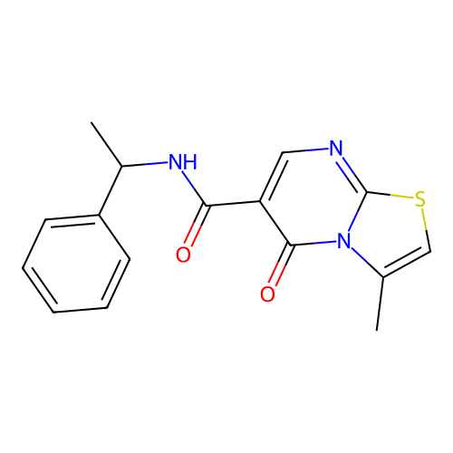 3-methyl-5-oxo-N-(1-phenylethyl)-[1,3]thiazolo[3,2-a]pyrimidine-6-carboxamide structure