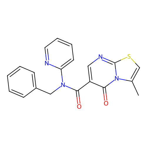 N-benzyl-3-methyl-5-oxo-N-pyridin-2-yl-[1,3]thiazolo[3,2-a]pyrimidine-6-carboxamide structure