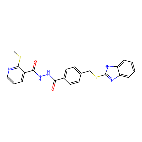 4-[(1H-1,3-benzodiazol-2-ylsulfanyl)methyl]-N'-[2-(methylsulfanyl)pyridine-3-carbonyl]benzohydrazide structure