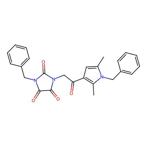 1-benzyl-3-[2-(1-benzyl-2,5-dimethylpyrrol-3-yl)-2-oxoethyl]imidazolidine-2,4,5-trione structure