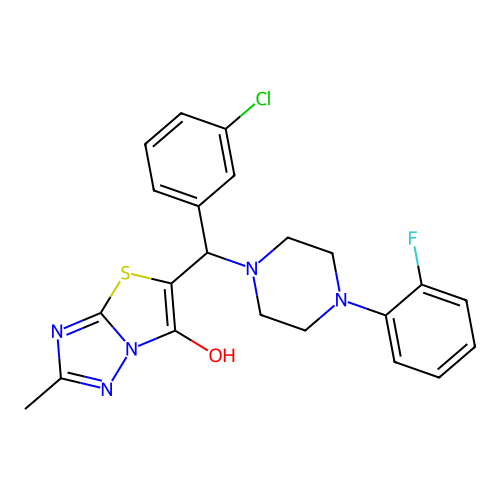 5-((3-chlorophenyl)(4-(2-fluorophenyl)piperazin-1-yl)methyl)-2-methylthiazolo[3,2-b][1,2,4]triazol-6-ol structure