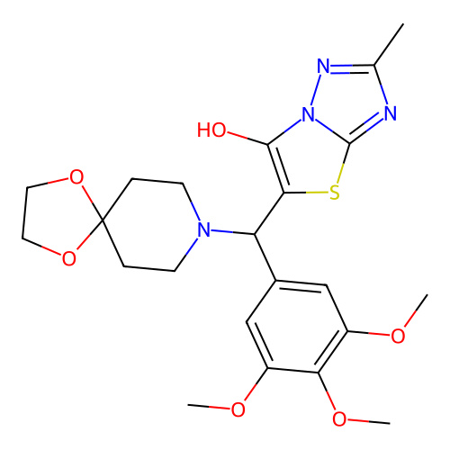 5-({1,4-dioxa-8-azaspiro[4.5]decan-8-yl}(3,4,5-trimethoxyphenyl)methyl)-2-methyl-[1,2,4]triazolo[3,2-b][1,3]thiazol-6-ol structure
