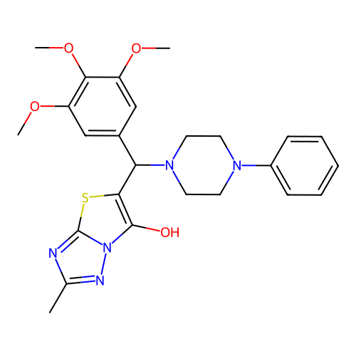 2-methyl-5-[(4-phenylpiperazin-1-yl)(3,4,5-trimethoxyphenyl)methyl]-[1,2,4]triazolo[3,2-b][1,3]thiazol-6-ol structure
