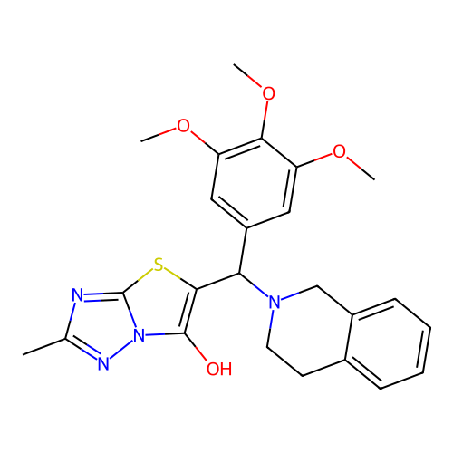 2-methyl-5-[(1,2,3,4-tetrahydroisoquinolin-2-yl)(3,4,5-trimethoxyphenyl)methyl]-[1,2,4]triazolo[3,2-b][1,3]thiazol-6-ol structure