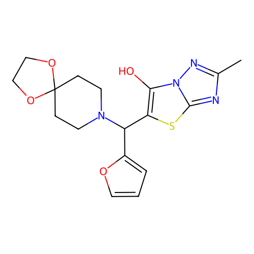 5-(furan-2-yl(1,4-dioxa-8-azaspiro[4.5]decan-8-yl)methyl)-2-methylthiazolo[3,2-b][1,2,4]triazol-6-ol structure