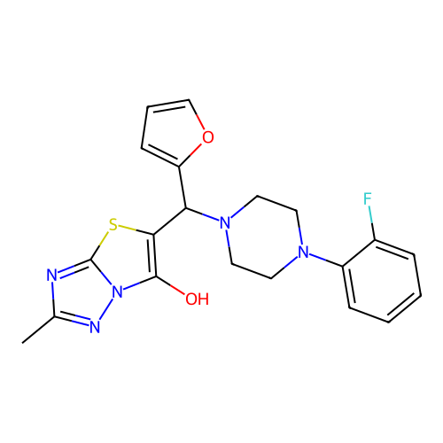 5-((4-(2-fluorophenyl)piperazin-1-yl)(furan-2-yl)methyl)-2-methylthiazolo[3,2-b][1,2,4]triazol-6-ol structure