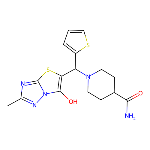 1-((6-hydroxy-2-methylthiazolo[3,2-b][1,2,4]triazol-5-yl)(thiophen-2-yl)methyl)piperidine-4-carboxamide structure