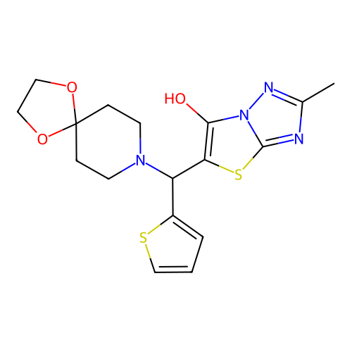 5-(1,4-dioxa-8-azaspiro[4.5]decan-8-yl(thiophen-2-yl)methyl)-2-methylthiazolo[3,2-b][1,2,4]triazol-6-ol structure
