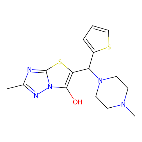 2-methyl-5-((4-methylpiperazin-1-yl)(thiophen-2-yl)methyl)thiazolo[3,2-b][1,2,4]triazol-6-ol structure