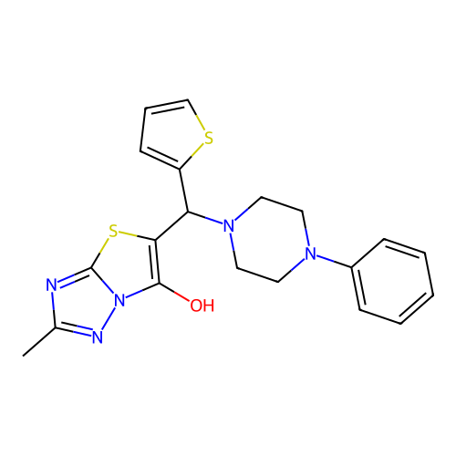 2-methyl-5-[(4-phenylpiperazin-1-yl)(thiophen-2-yl)methyl]-[1,2,4]triazolo[3,2-b][1,3]thiazol-6-ol structure