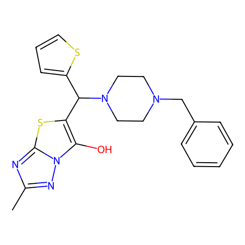 5-((4-benzylpiperazin-1-yl)(thiophen-2-yl)methyl)-2-methylthiazolo[3,2-b][1,2,4]triazol-6-ol structure