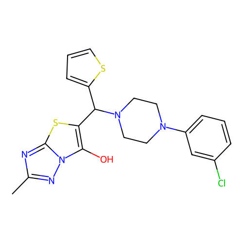 5-{[4-(3-chlorophenyl)piperazin-1-yl](thiophen-2-yl)methyl}-2-methyl-[1,2,4]triazolo[3,2-b][1,3]thiazol-6-ol structure