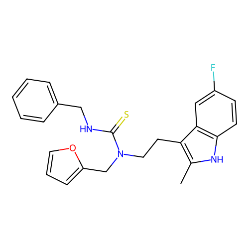1-benzyl-3-[2-(5-fluoro-2-methyl-1H-indol-3-yl)ethyl]-3-[(furan-2-yl)methyl]thiourea structure