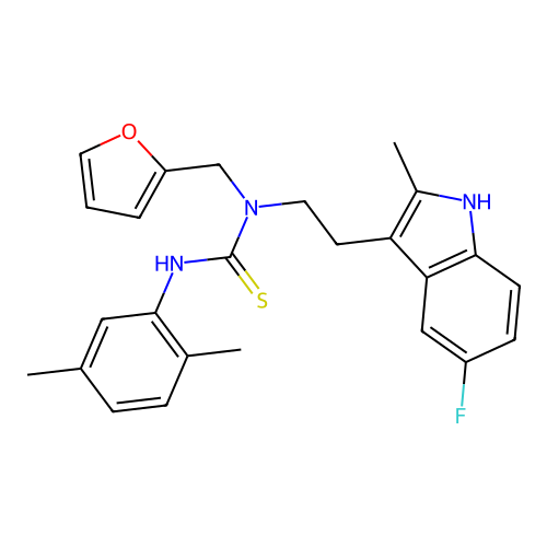 1-(2,5-dimethylphenyl)-3-[2-(5-fluoro-2-methyl-1H-indol-3-yl)ethyl]-3-[(furan-2-yl)methyl]thiourea structure