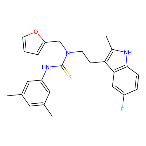 1-(3,5-dimethylphenyl)-3-[2-(5-fluoro-2-methyl-1H-indol-3-yl)ethyl]-3-[(furan-2-yl)methyl]thiourea structure