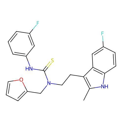 3-[2-(5-fluoro-2-methyl-1H-indol-3-yl)ethyl]-1-(3-fluorophenyl)-3-[(furan-2-yl)methyl]thiourea structure