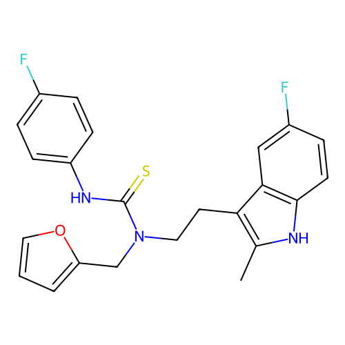 3-[2-(5-fluoro-2-methyl-1H-indol-3-yl)ethyl]-1-(4-fluorophenyl)-3-[(furan-2-yl)methyl]thiourea structure