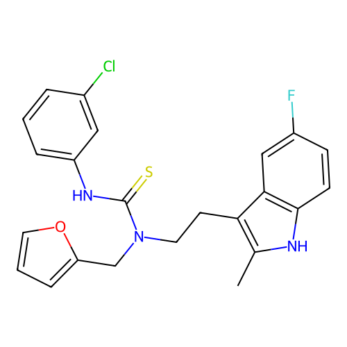 1-(3-chlorophenyl)-3-[2-(5-fluoro-2-methyl-1H-indol-3-yl)ethyl]-3-[(furan-2-yl)methyl]thiourea structure