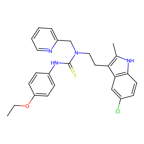3-[2-(5-chloro-2-methyl-1H-indol-3-yl)ethyl]-1-(4-ethoxyphenyl)-3-[(pyridin-2-yl)methyl]thiourea structure