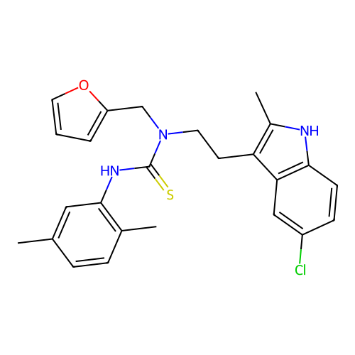 3-[2-(5-chloro-2-methyl-1H-indol-3-yl)ethyl]-1-(2,5-dimethylphenyl)-3-[(furan-2-yl)methyl]thiourea structure