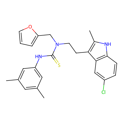 3-[2-(5-chloro-2-methyl-1H-indol-3-yl)ethyl]-1-(3,5-dimethylphenyl)-3-[(furan-2-yl)methyl]thiourea structure
