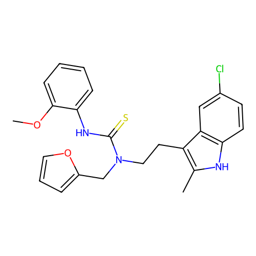 3-[2-(5-chloro-2-methyl-1H-indol-3-yl)ethyl]-3-[(furan-2-yl)methyl]-1-(2-methoxyphenyl)thiourea structure