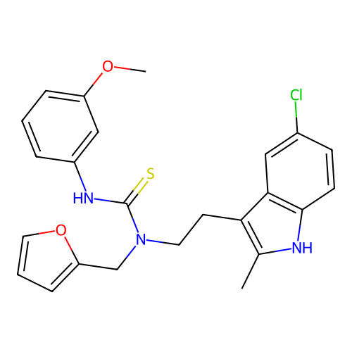 3-[2-(5-chloro-2-methyl-1H-indol-3-yl)ethyl]-3-[(furan-2-yl)methyl]-1-(3-methoxyphenyl)thiourea structure