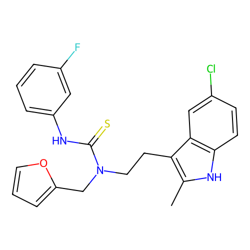3-[2-(5-chloro-2-methyl-1H-indol-3-yl)ethyl]-1-(3-fluorophenyl)-3-[(furan-2-yl)methyl]thiourea structure