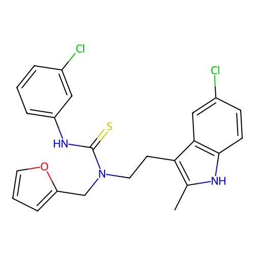 1-(2-(5-chloro-2-methyl-1H-indol-3-yl)ethyl)-3-(3-chlorophenyl)-1-(furan-2-ylmethyl)thiourea structure
