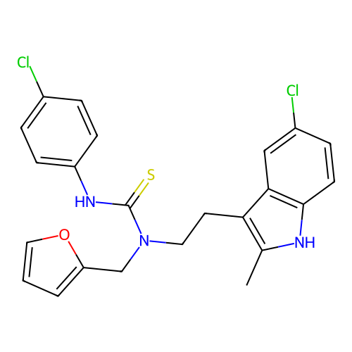 3-[2-(5-chloro-2-methyl-1H-indol-3-yl)ethyl]-1-(4-chlorophenyl)-3-[(furan-2-yl)methyl]thiourea structure