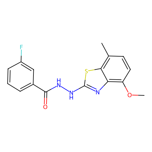 3-fluoro-N'-(4-methoxy-7-methyl-1,3-benzothiazol-2-yl)benzohydrazide structure