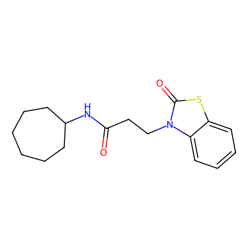 N-cycloheptyl-3-(2-oxo(3-hydrobenzothiazol-3-yl))propanamide structure