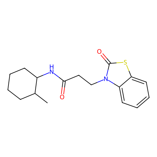N-(2-methylcyclohexyl)-3-(2-oxo(3-hydrobenzothiazol-3-yl))propanamide structure