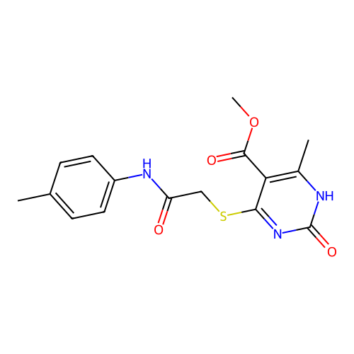 methyl 6-methyl-4-[2-(4-methylanilino)-2-oxoethyl]sulfanyl-2-oxo-1H-pyrimidine-5-carboxylate structure
