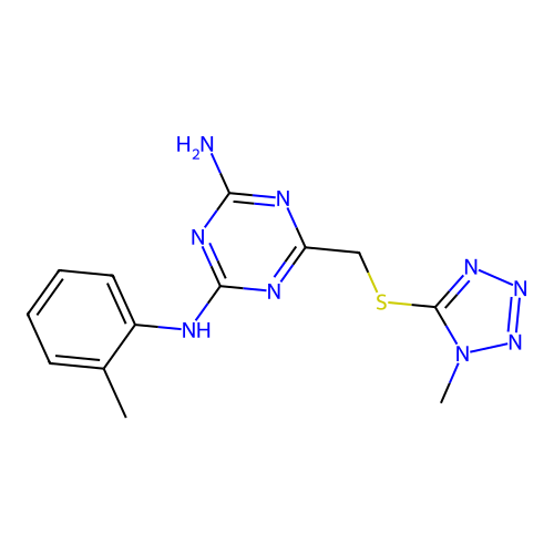 2-N-(2-methylphenyl)-6-[(1-methyltetrazol-5-yl)sulfanylmethyl]-1,3,5-triazine-2,4-diamine structure