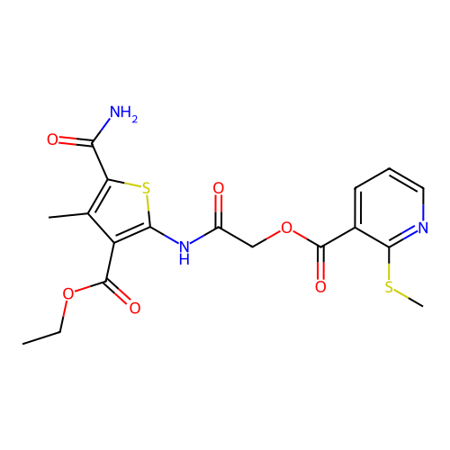 [2-[(5-carbamoyl-3-ethoxycarbonyl-4-methylthiophen-2-yl)amino]-2-oxoethyl] 2-methylsulfanylpyridine-3-carboxylate structure