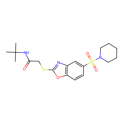 N-tert-butyl-2-[(5-piperidin-1-ylsulfonyl-1,3-benzoxazol-2-yl)sulfanyl]acetamide structure