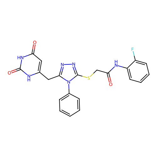 2-((5-((2,6-dioxo-1,2,3,6-tetrahydropyrimidin-4-yl)methyl)-4-phenyl-4H-1,2,4-triazol-3-yl)thio)-N-(2-fluorophenyl)acetamide structure