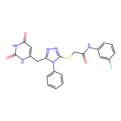 2-((5-((2,6-dioxo-1,2,3,6-tetrahydropyrimidin-4-yl)methyl)-4-phenyl-4H-1,2,4-triazol-3-yl)thio)-N-(3-fluorophenyl)acetamide structure